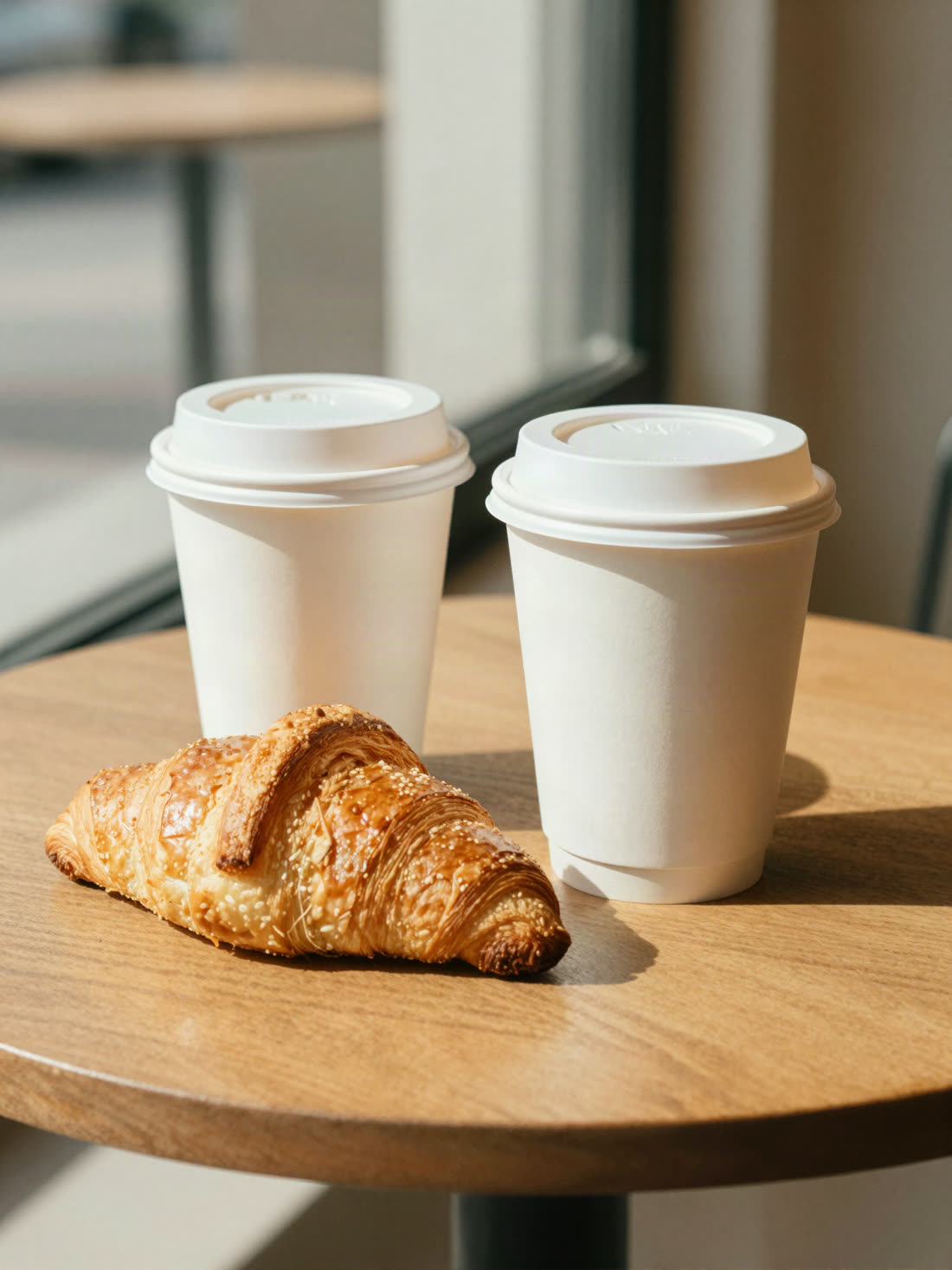 Dos cafés para llevar y un croissant sobre una mesa junto a la ventana